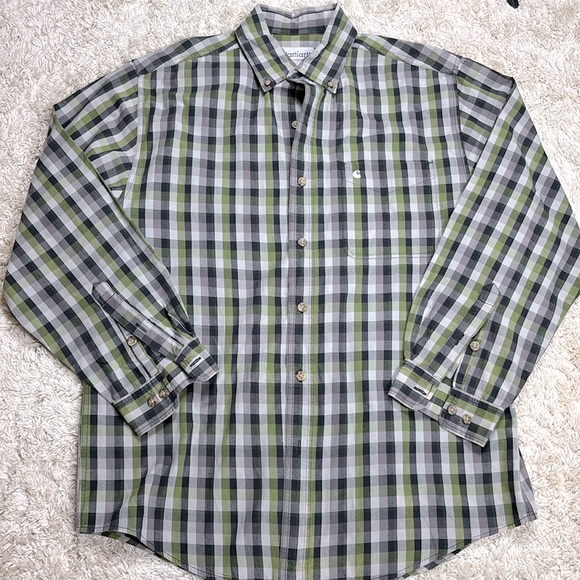 Carhartt Mens Long Sleeve Button Up Shirt Blue And Green Plaid Size‎ Large - Picture 1 of 8